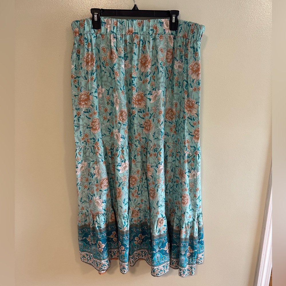Simplee Apparel Floral Maxi Skirt - Teal and Beige - Picture 2 of 5